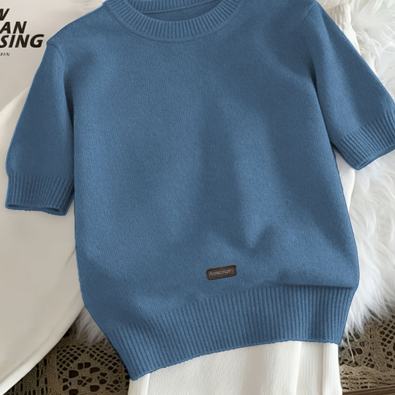 TEMU Women's Soft Round Neck Short Sleeve Sweater Suitable For Home & Casual Wear - Cozy Fabric Blouse-style Top With Printed Sweater Patterns,
