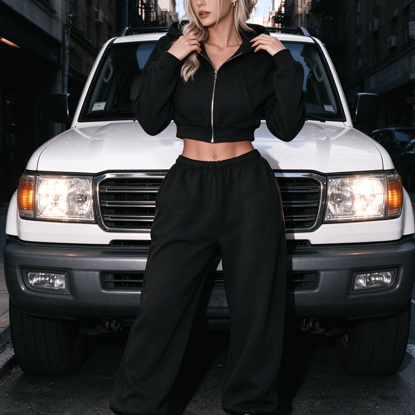 TEMU 2pcs Set: New Autumn/winter Sporty Sweatshirt - Casual And Fashionable Cropped Hooded High-waist Zip-up Crop Sweatshirt + High-waist Loose