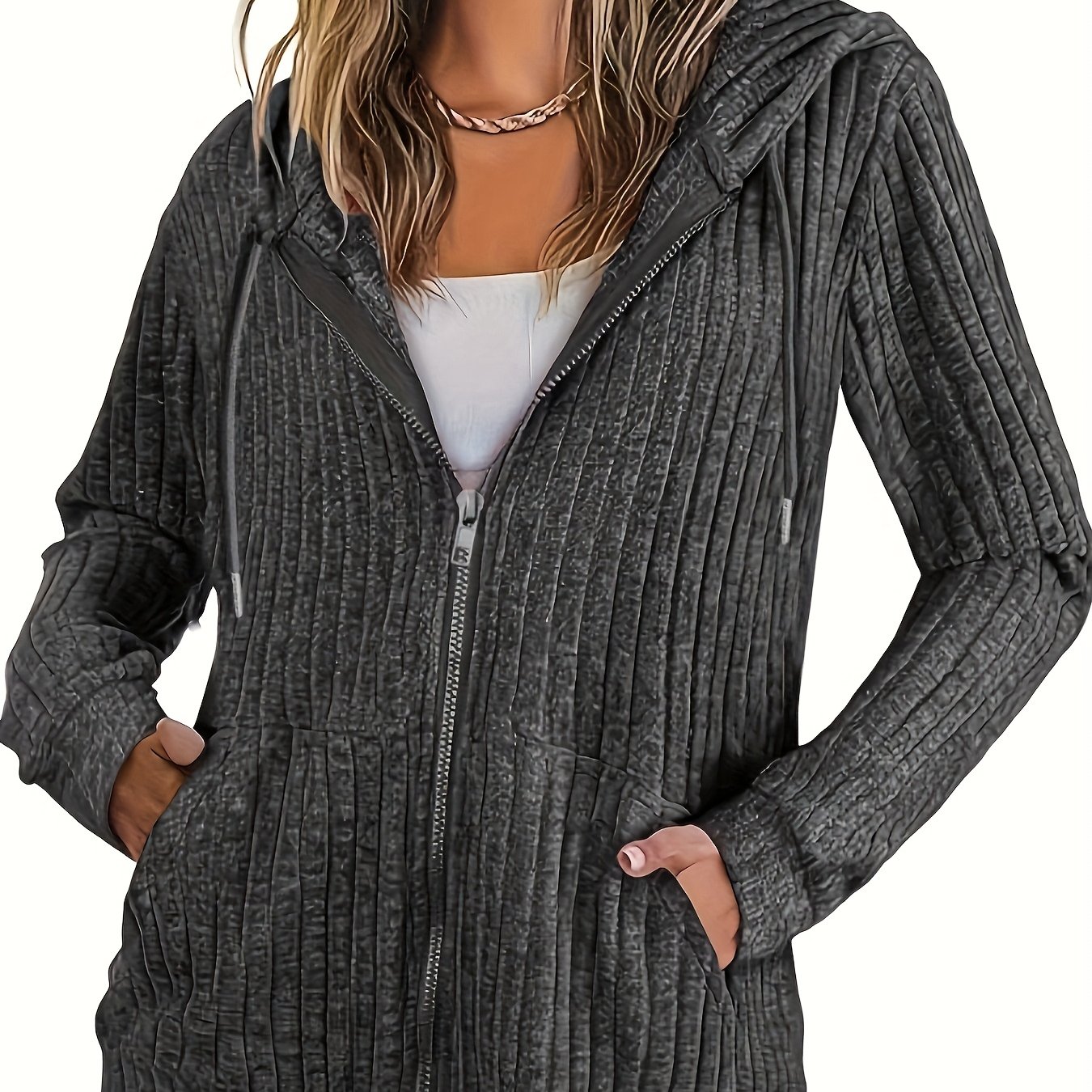 Plus Size - Plus Size - Plus Size Women's Zip-pocket Solid Color Ribbed Hooded Jacket