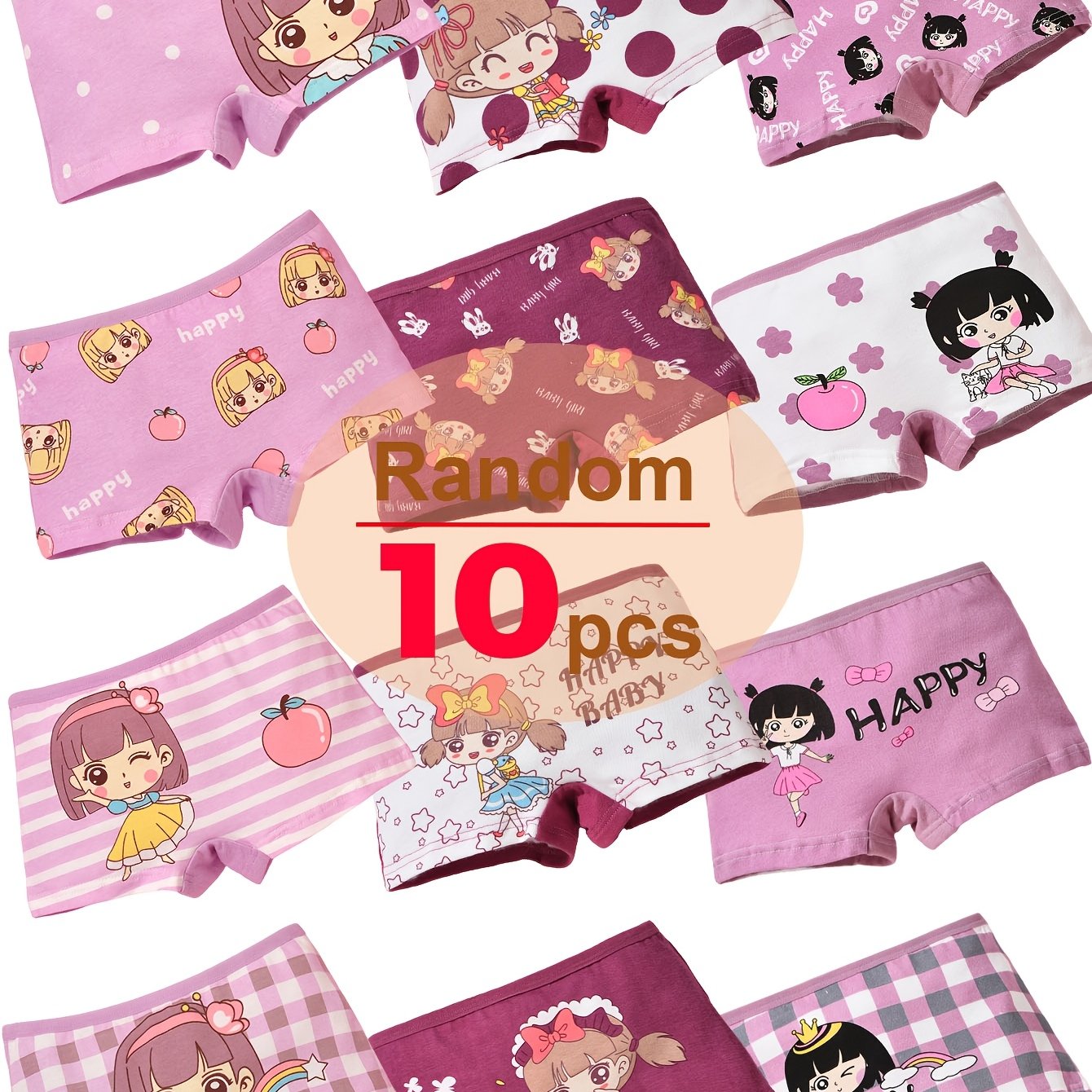 Image of 10pcs In Random Color, Printed Kids Boxers Underwear, Cartoon Panties Underpants For Girl Wear