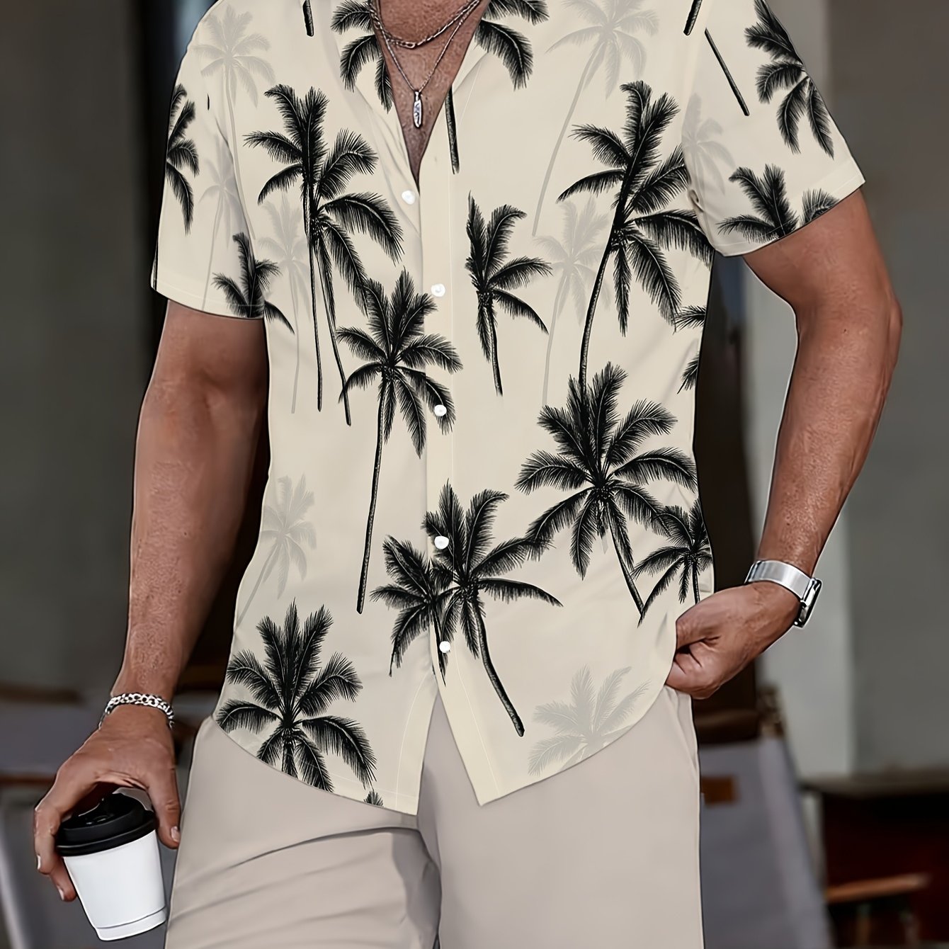 TEMU [printed Design â Not Textured] Men's Coconut Tree Print Button-up Short Sleeve Shirt And Drawstring Shorts Set, Summer Style Men's Swim Trunks