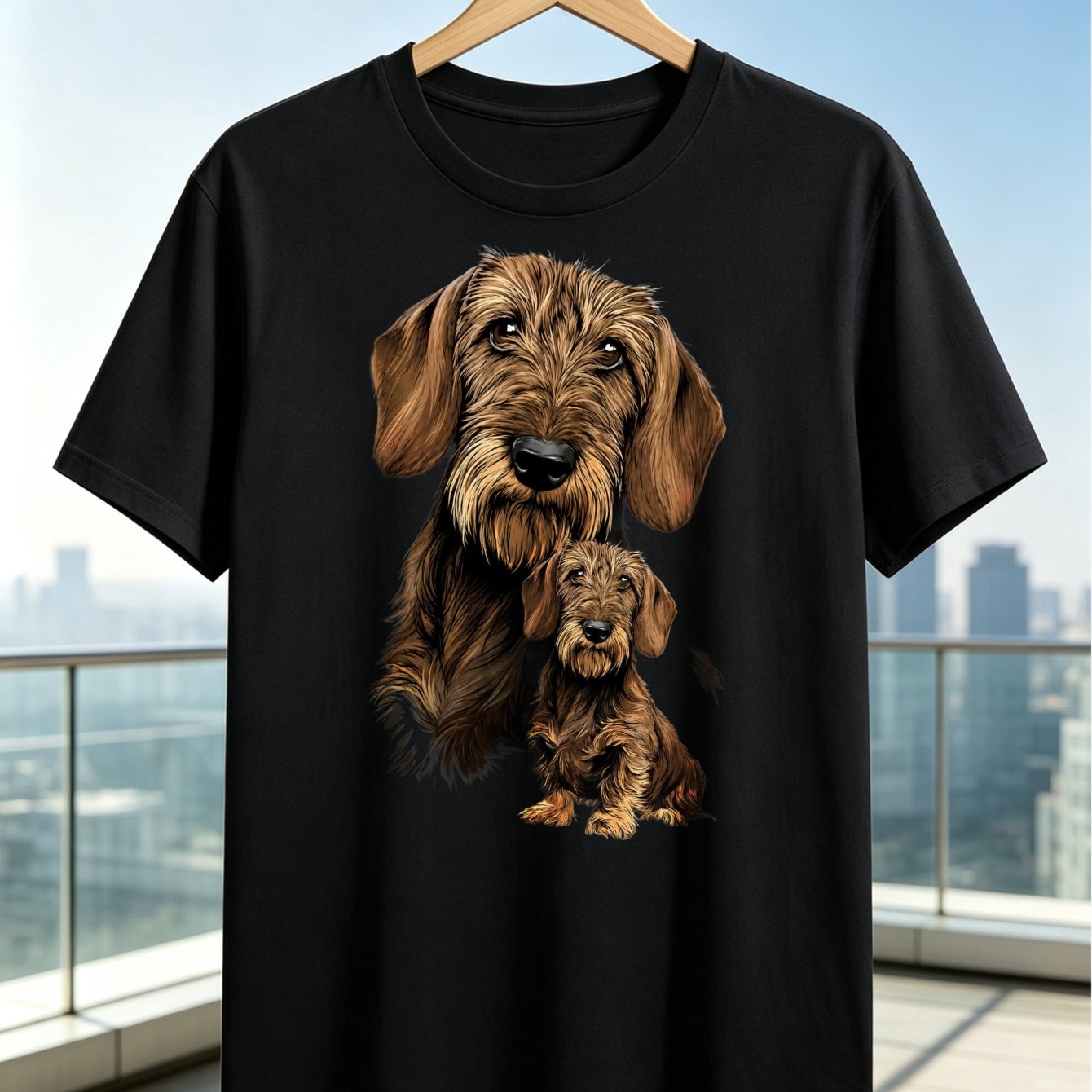 Image of Wirehaired Dachshunds T-shirt Large Face Portrait With Smaller Sitting Dog Detailed Shaggy Faux Fur And Hand-drawn Illustration Unisex T-shirt
