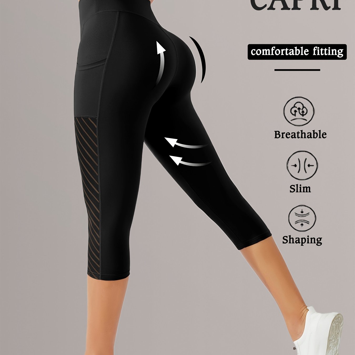 Women's High-waisted Yoga Capri Leggings - 7/8 Length Stretch Slim-fit Butt-lifting Breathable Workout Pants With Pockets For & Spring/summer Activewear, Yoga Pants, Solid , Highelastic Material