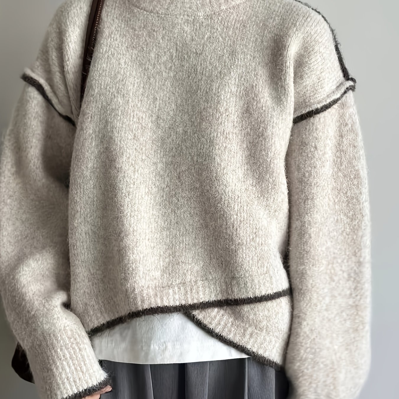 TEMU Women's Contrast Seam Round Neck Sweater, Irregular Asymmetrical Hem Top, Loose Pullover, Autumn Winter Minimalist Neutral Basic Layering Top.