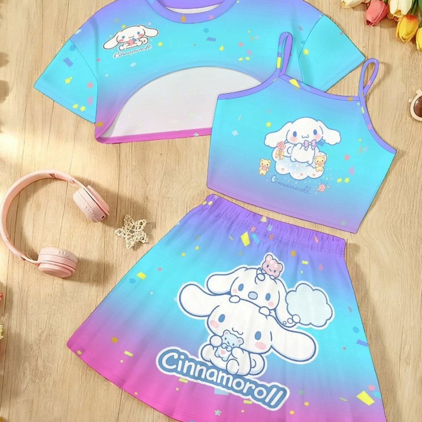 Girls' Coat, Strap And Short Skirt 3pcs Set - Digital Printed And Kuromi Cinnamoroll Pattern Printed Casual Fashion Dressing, For Outdoor