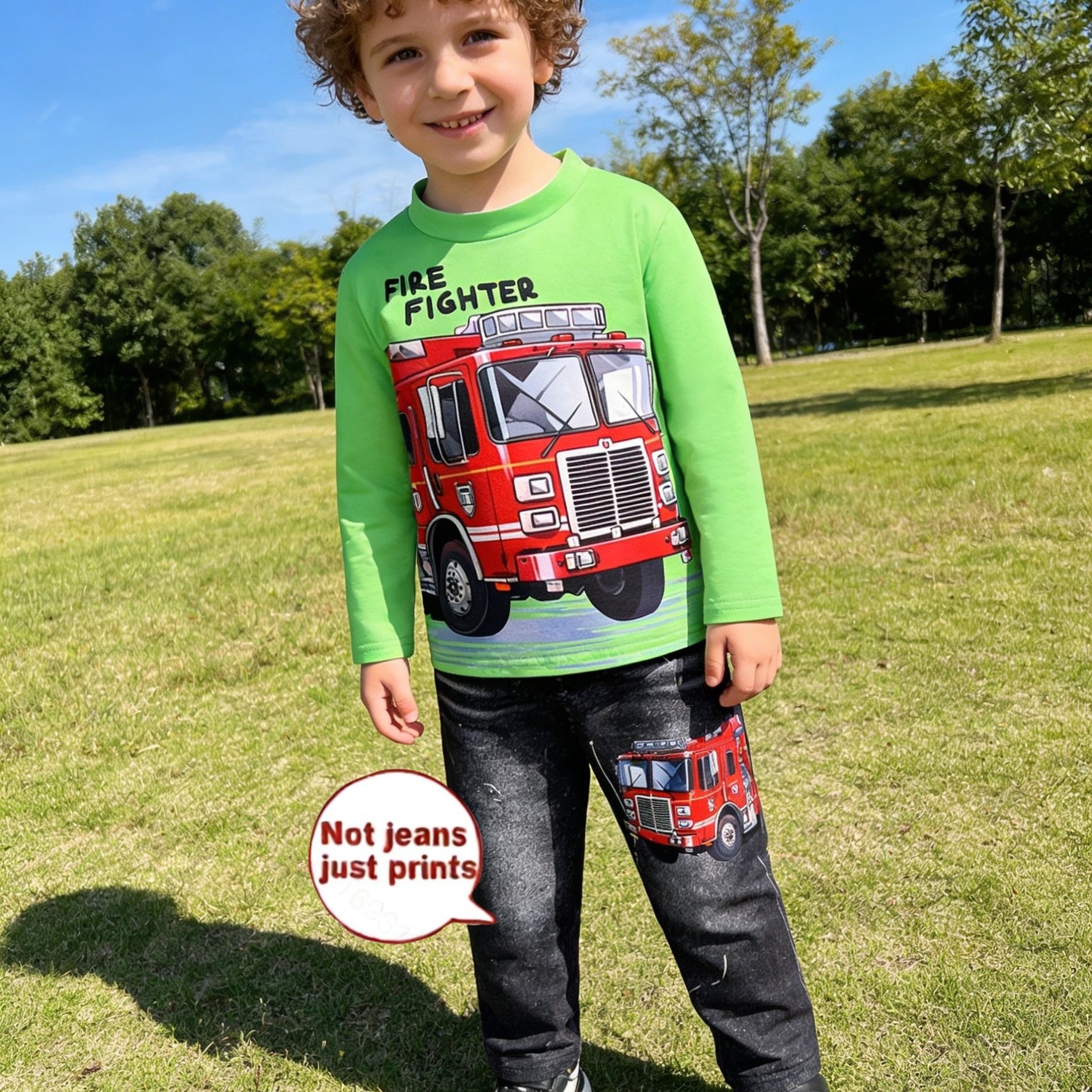 2pcs/set Boys' Cartoon Car Creative Print Long Sleeve T-shirt And Casual Denim- Long Pants, Suitable For School, Parties, Outdoor Activities, Vacation Outfits, And Holiday Gifts, For Outdoor