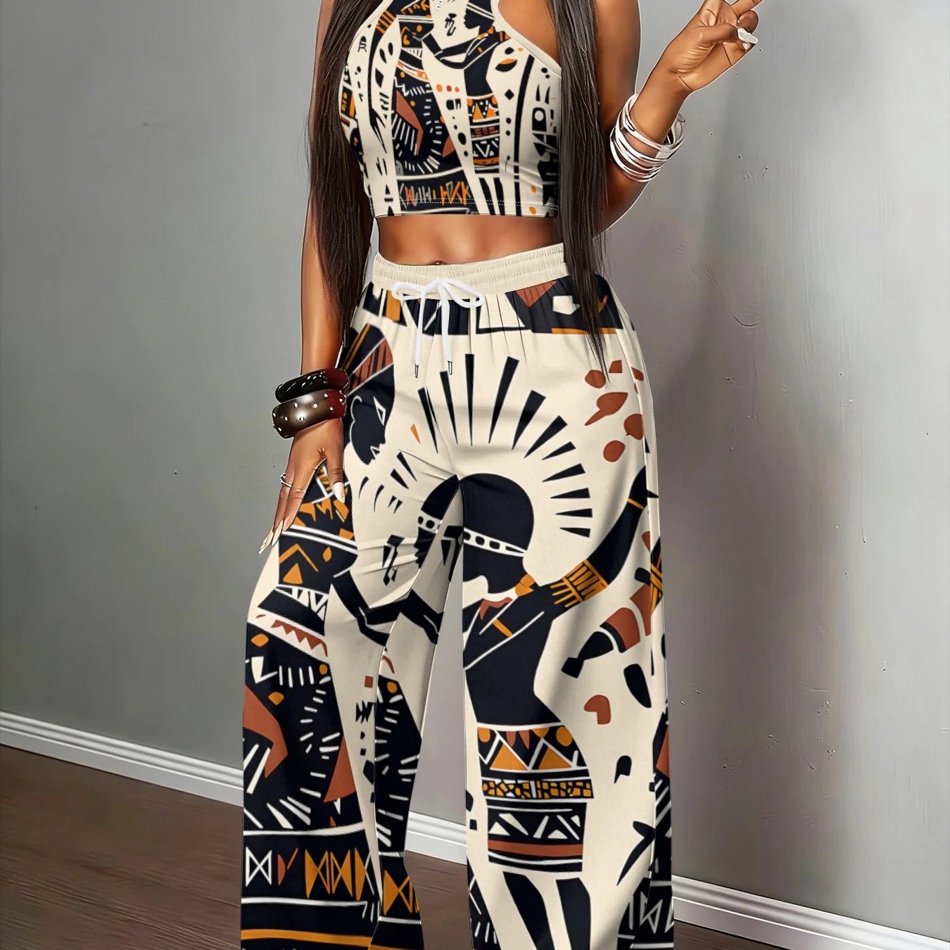 TEMU Women's Vintage African Tribal Portrait Print Halter Top And Wide Leg Pants 2 Piece Set, Boho Style Casual Outfit