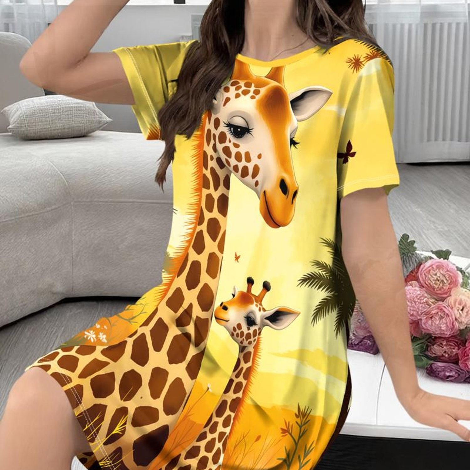 TEMU Women's Homewear Top, Giraffe Print, Short Sleeve, Loose Fit, Polyester Material, Multiple Sizes , , Cozy Indoor Wear, Casual Comfortable