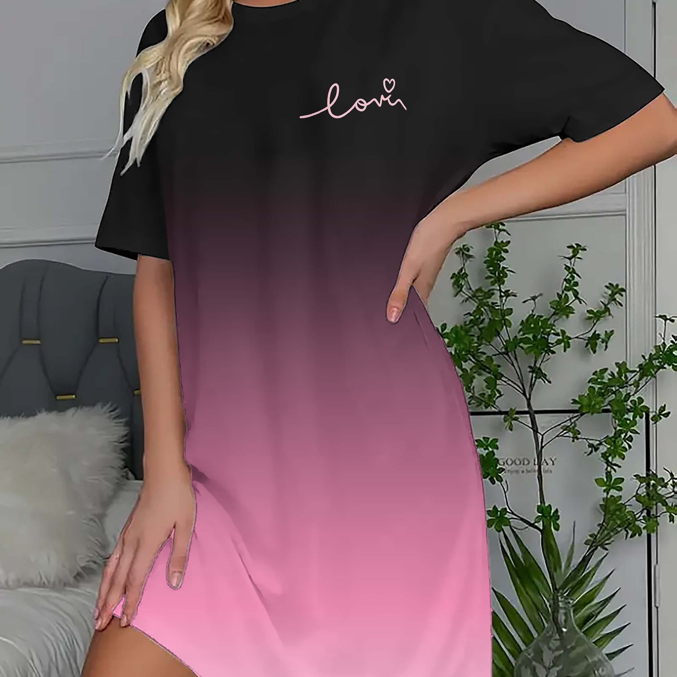 Image of Valentine's Day 'love' Printed Long T-shirt, Mid-length Nightdress, Suitable For Going Out And Staying At Home, Worn , Summer, Autumn, And Winter, Casual, Versatile, , Suitable For Daily Casual Wear.