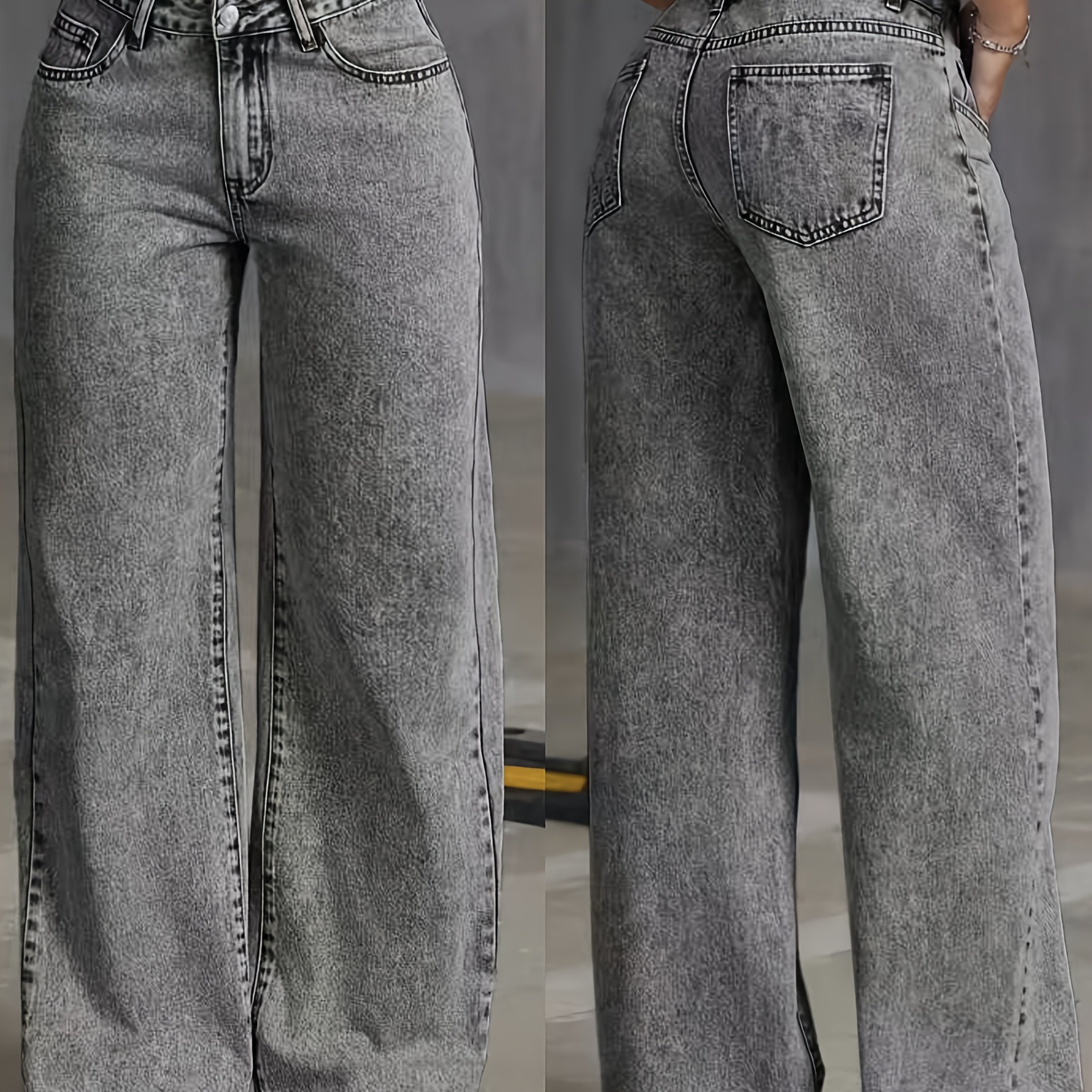 Image of Women's Non-stretch High-waisted Gray Washed Jeans Wide Leg Relaxed Fit Vintage Rigid Denim Elastic Waist Trousers
