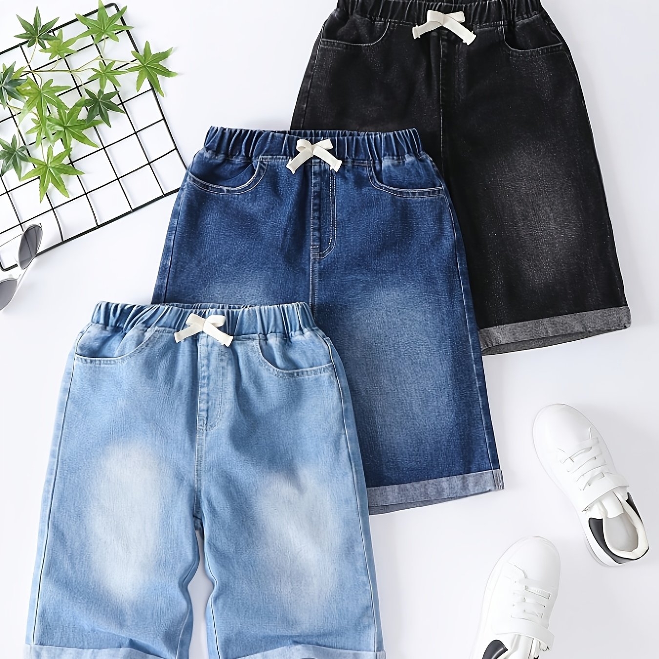 Image of Boys' Denim Shorts, Summer Thin Fashion Loose Straight American Trendy All-match Casual Bermuda Shorts 3-pc