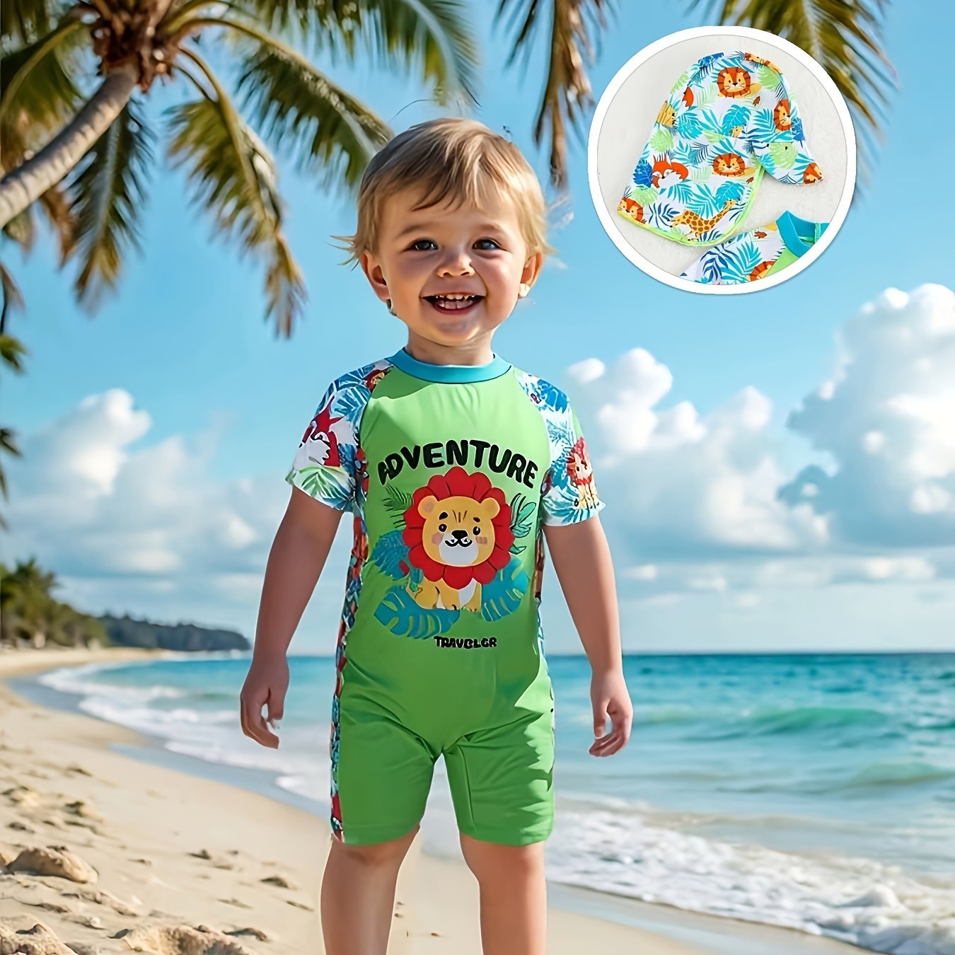 E-shop Kinder-Löwen-Cartoon-Druck Badeanzug + Badekappe Kurzarm 1-teiliges Set für Jungen, Niedlicher Stil 2-teilige Bademode für Poolspaß