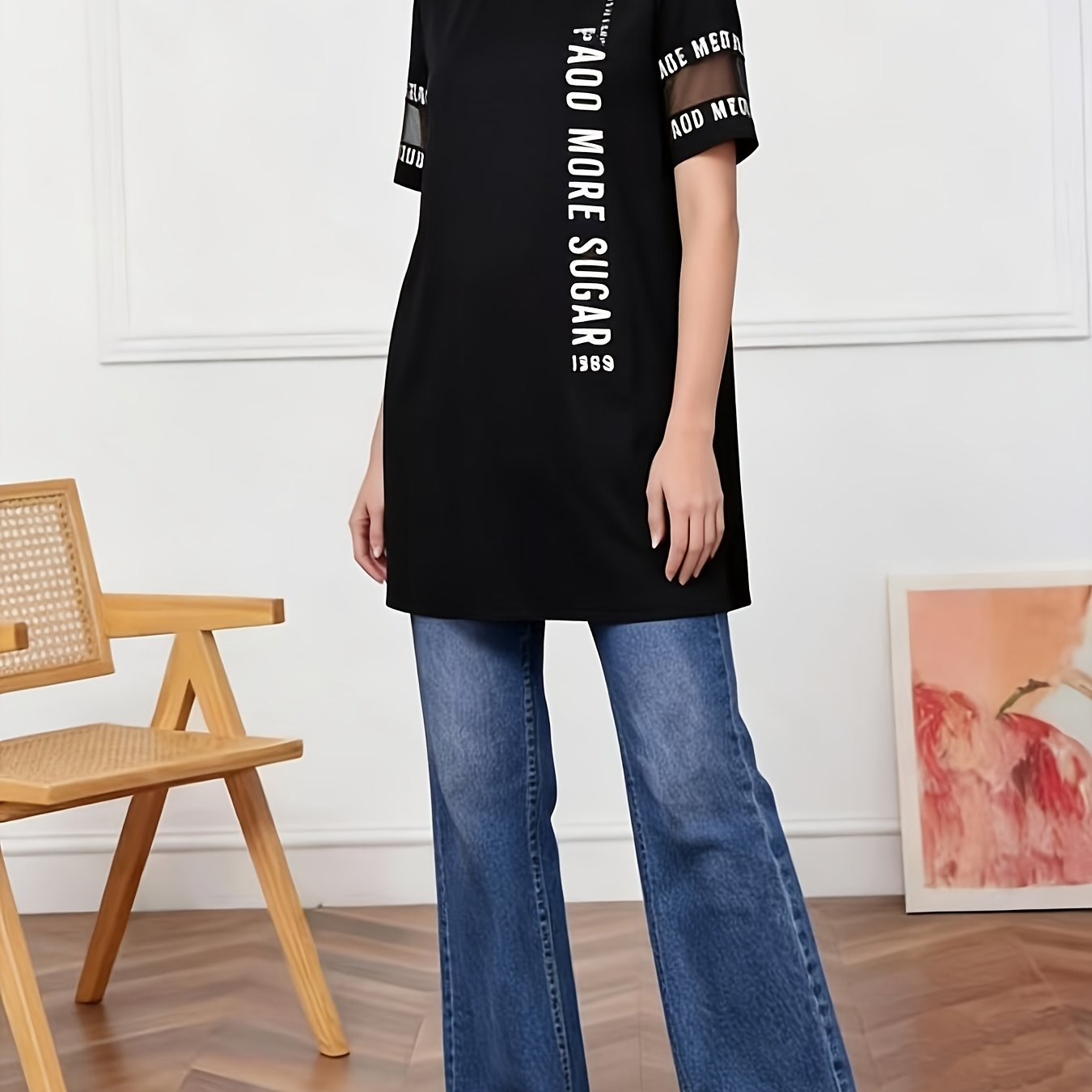 Image of Cross-border New Printed Round Neck Loose Short Sleeve Mid-length T-shirt Women