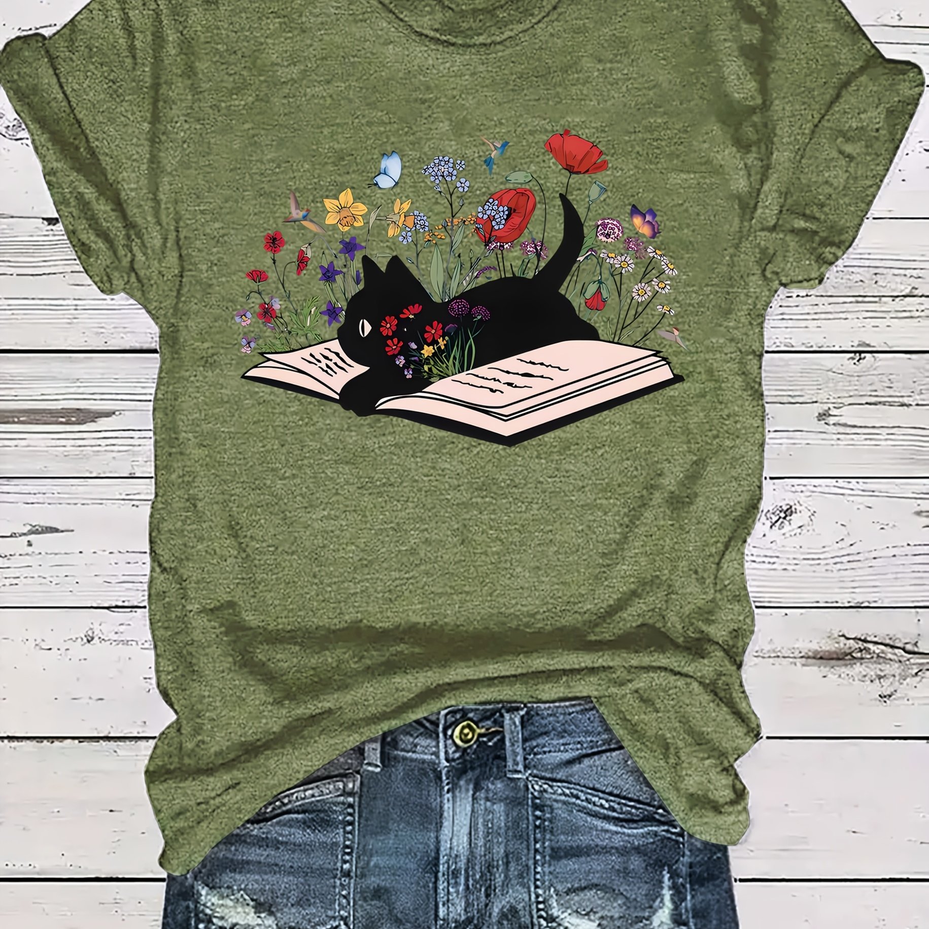 TEMU Book Cat Flower Element Printed Women's Summer Fit Round Neck T-shirt
