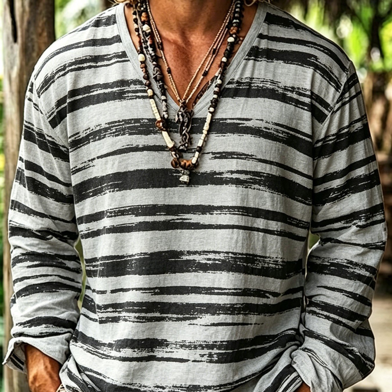 Men's Retro Grey Black Vintage Irregular Stripe All V-neck Pullover Long Sleeve Top, New Arrival, Niche Vintage Textured Creative Stripe Full Print, Rolled Cuff Lazy Loose Drop
