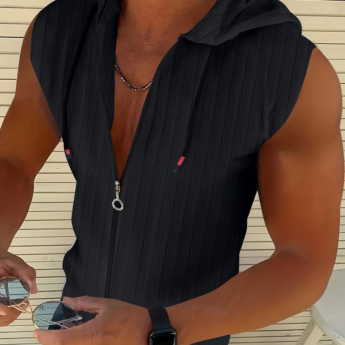 Image of Summer Fashion Jacquard Striped Men's Zipper Sleeveless Hoodie Casual Sports Beach Hooded Vest