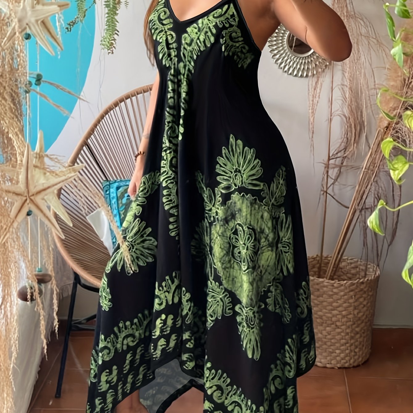 Image of Spring/summer Women's Ethnic Print Vintage Casual Versatile Fashion Spaghetti Suspender Dress Elegant Daily Wear