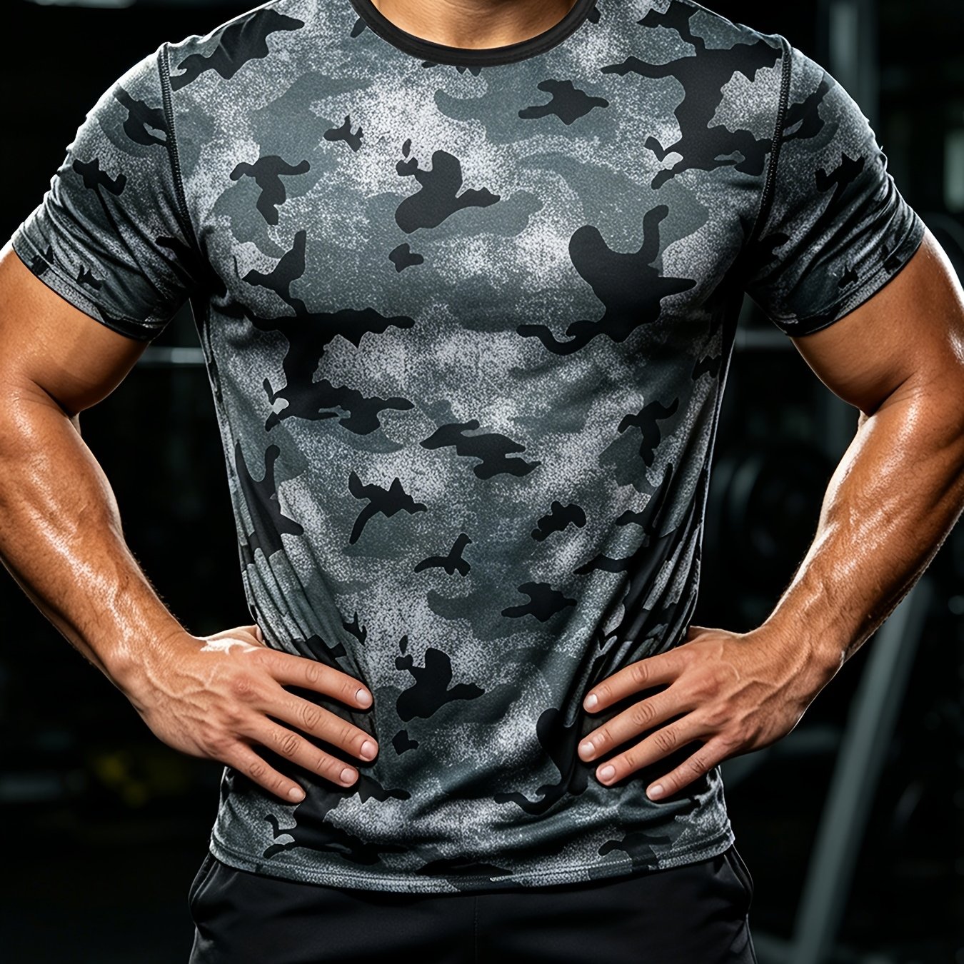 Men's Sweat Sauna T-shirts, Athletic Short Sleeve Tee, Waist Trainer, Men's Shapewear, Gym Wear - Camouflage Gray: retailer-supplied image