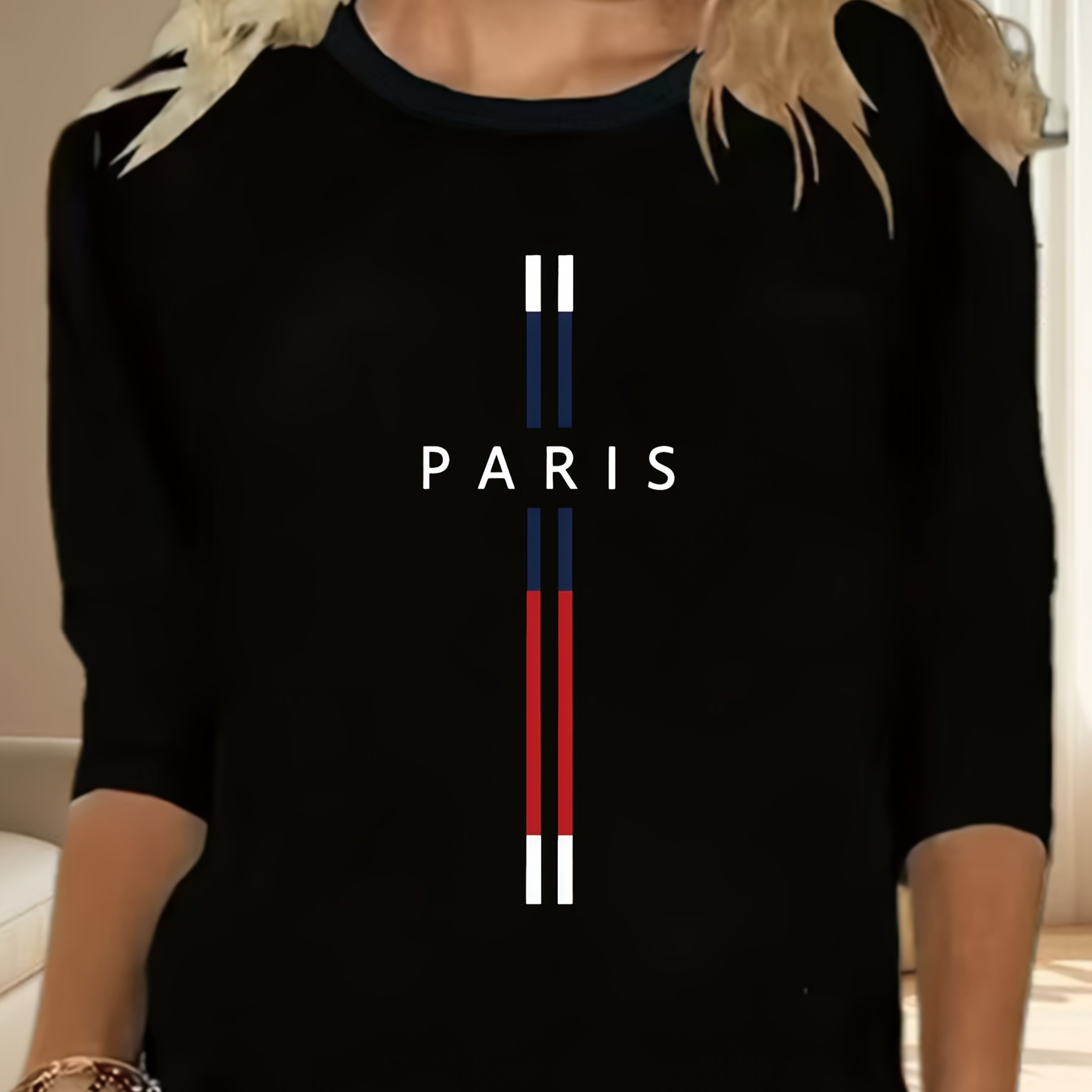 TEMU Plus Size - Plus Size Women's Long Sleeve T-shirt - Letter Print, Stretchy Round Neck Top, Machine Washable, Versatile Casual & Formal Wear,