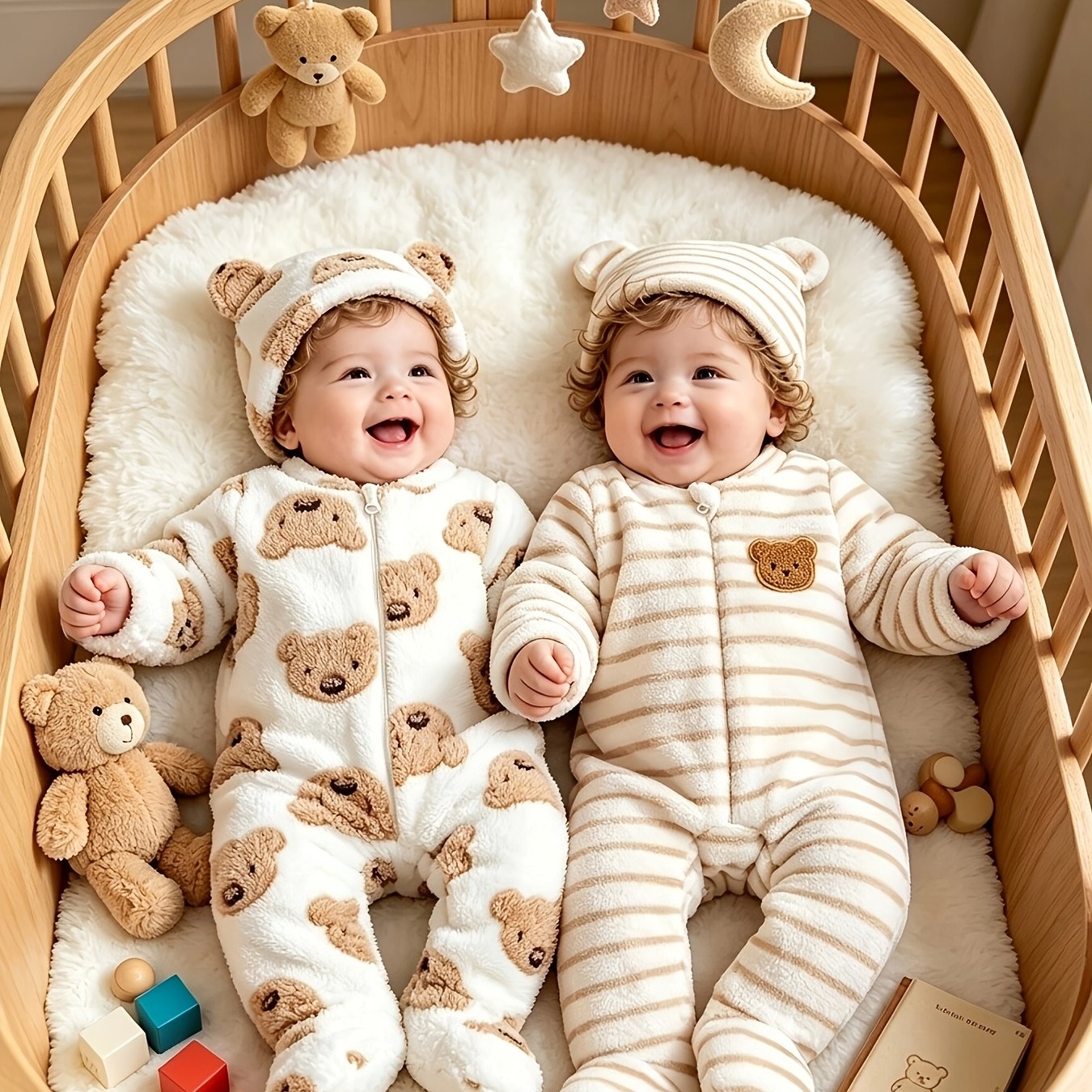 Image of New Autumn/winter 2pcs Set For Newborn Boys And Girls: Cute Bear And Striped Zipper Long Sleeve Bodysuit And Ear-flap Hat, Soft And Warm, For Outdoor