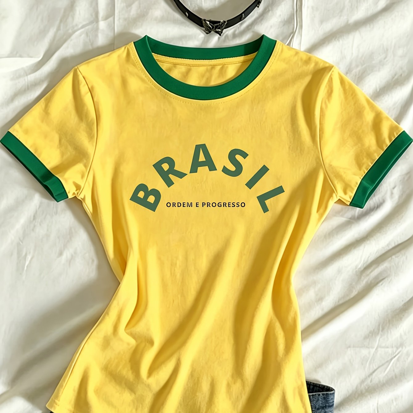 TEMU Elegant Women's Spring Summer Round Neck Contrast New Style American Arched Brasil Brazilian Letter Top Fashion Y2k Versatile Short Sleeve