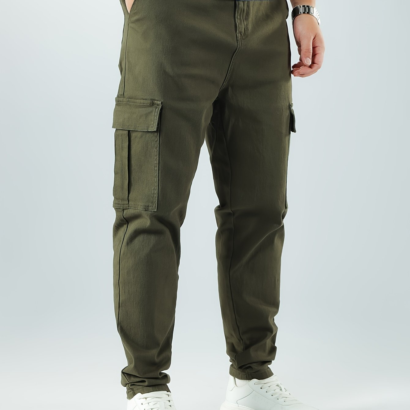 Men&#39;s Slim Fit Olive Green Cargo Pants with Multiple Pockets - Stretch Blend, Machine Washable, All-Season Wear, PLUS SIZE