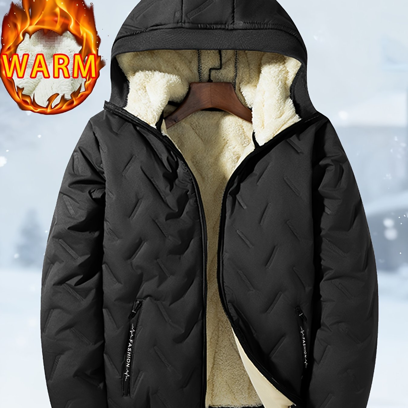 TEMU Obm Men's -lined Hooded Jacket, Autumn/winter -lined Warm Padded, Trendy Fashion Hooded Padded, Warm Cardigan Jacket, Casual Sportswear Top,