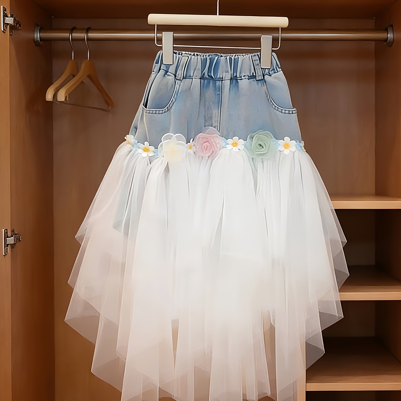 Image of Girls' Denim Spliced Mesh Half-skirt 2026 Summer New Elastic Waist Medium And Large Children's Sweet Fairy Fluffy Gauze Skirt Three-dimensional Irregular Flowers