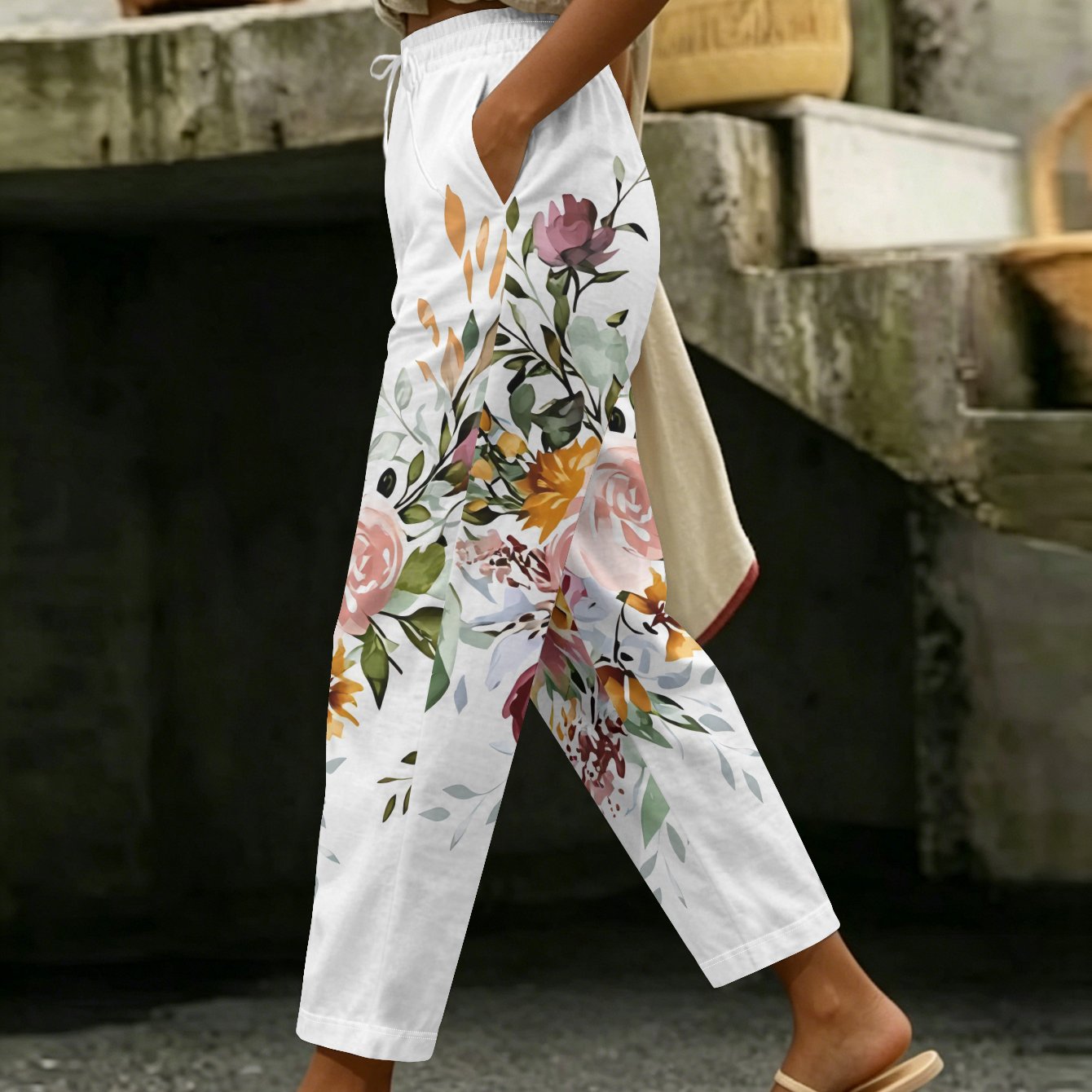 TEMU Women's Casual Pants With Watercolor Floral Cluster Print, Featuring Dancing Butterflies, Fresh And Elegant Daily Casual Fashion Apparel, , A