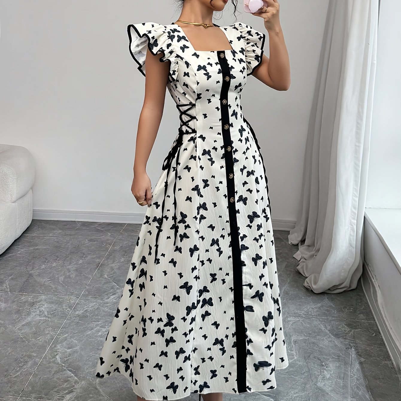 E-shop Elegantes A-Linien-Kleid für Damen im Frühling und Sommer mit Farbblock-Druck, elastischem Bund und gekreuzten Kunststoffknöpfen