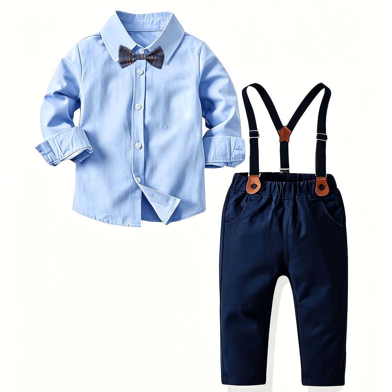 Boys' Bow Tie Sky Blue Shirt Suspender Pants Set, 4pcs Children's Formal Wear, Perfect For Outdoor