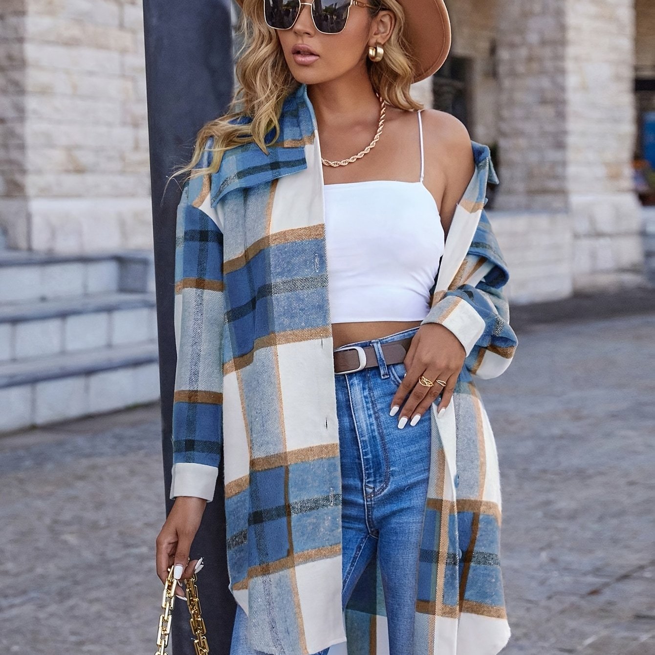 TEMU Long Plaid Flannel Shirt Jacket For Women, Suitable For Spring And Autumn, Providing In Winter.