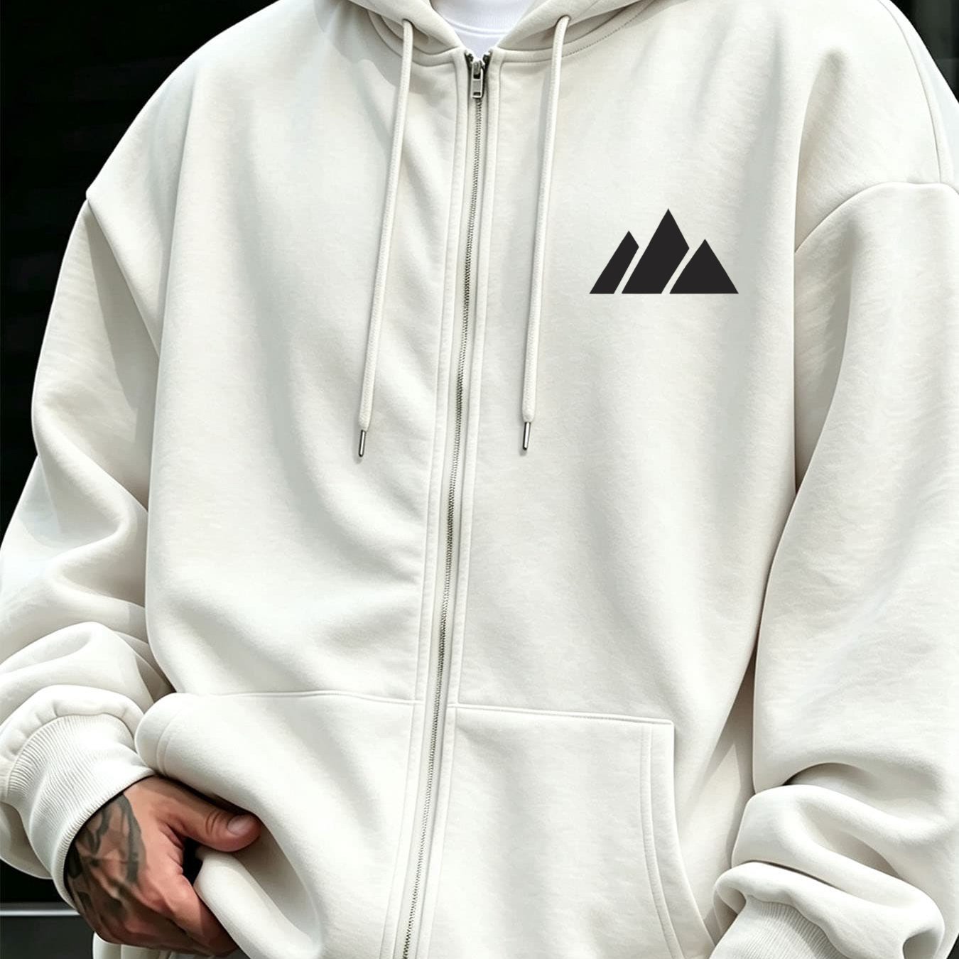 Image of Winter Outerwear Men's Loose Fit Hooded Zip-up Sweatshirt With Print Warm Comfortable Casual Athletic Pullover Trendy Fashion Zipper Style