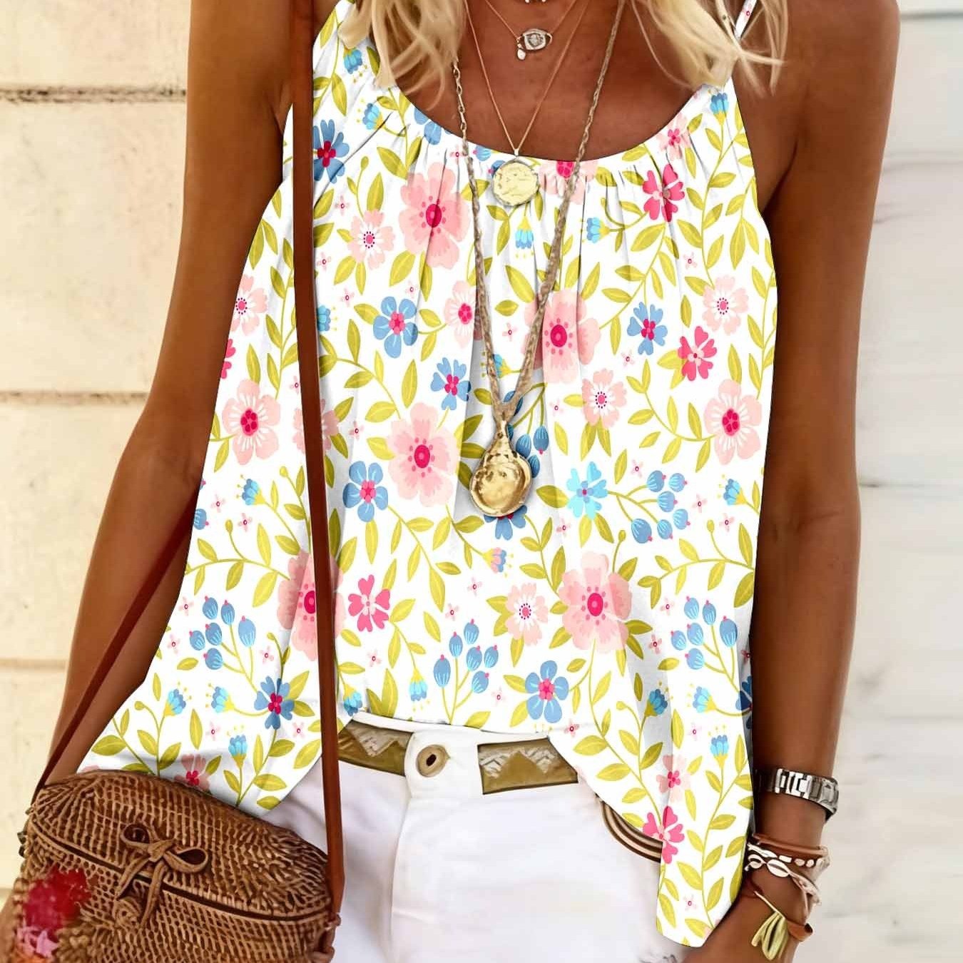 Image of Loose Sleeveless Camisole Top With Bohemian Print Design, Perfect For Strolling And Fashionable Women's Clothing In Summer