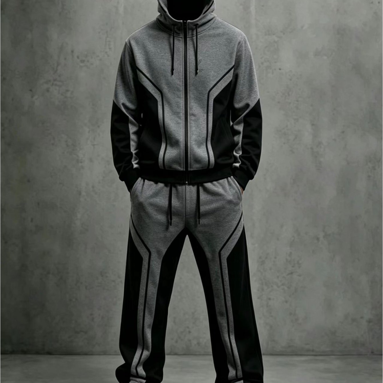 Unisex Sports Set With White Background, Geometric Splicing, Full-zip Hooded Sweatshirt And Matching Drawstring Ankle Pants, Campus Commuting, , Casual And Versatile Couple Set