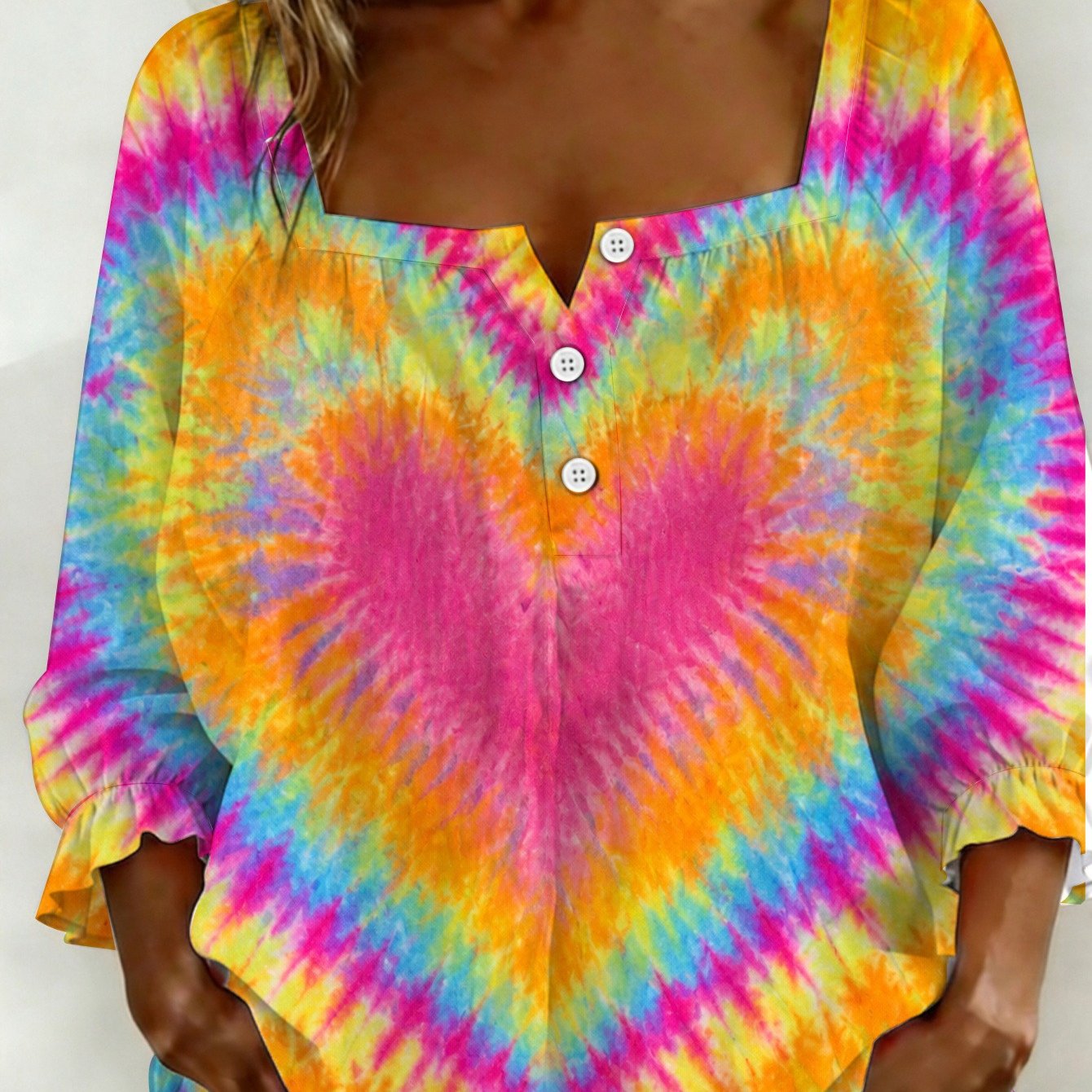TEMU Elegant Square Neckline Women's Blouse, Heart Gradient Tie-dye Print Vintage Top, V-neck Button Front, 3/4 Sleeves Elasticated Ruffle Puff