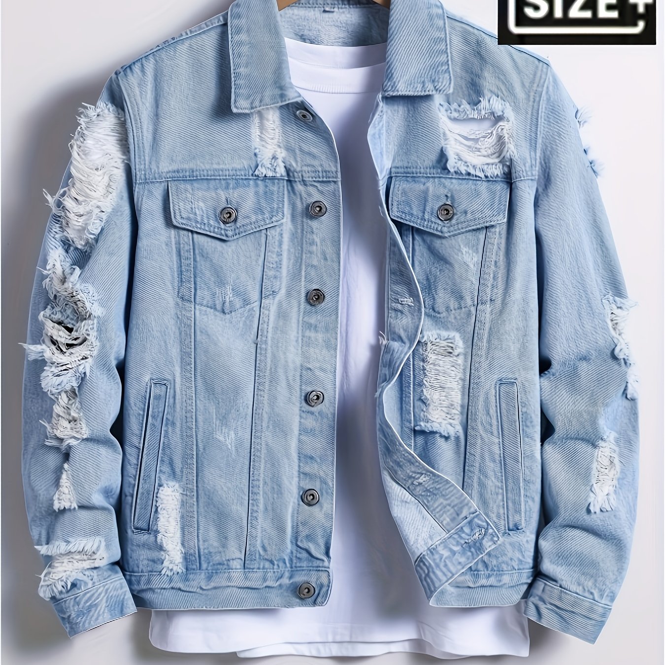 Image of [hme]vintage Ripped Oversized Men's Denim Jacket, Trendy Fashion , Washed , 3d Tailored Slim Fit, Non-stretch, Machine Washable, Stable And Not Easily Deformed, Plus Size