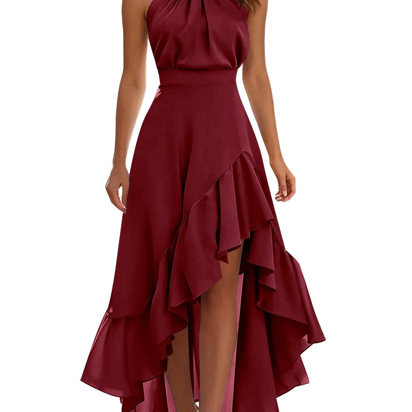 Image of Women's Elegant Halter Neck Ruched High Low Maxi Dress With Ruffle, Fashion Casual Sleeveless Asymmetrical Hem Formal Cocktail Dress Wedding Guest Evening Party Long Dress, Wardrobe Staple