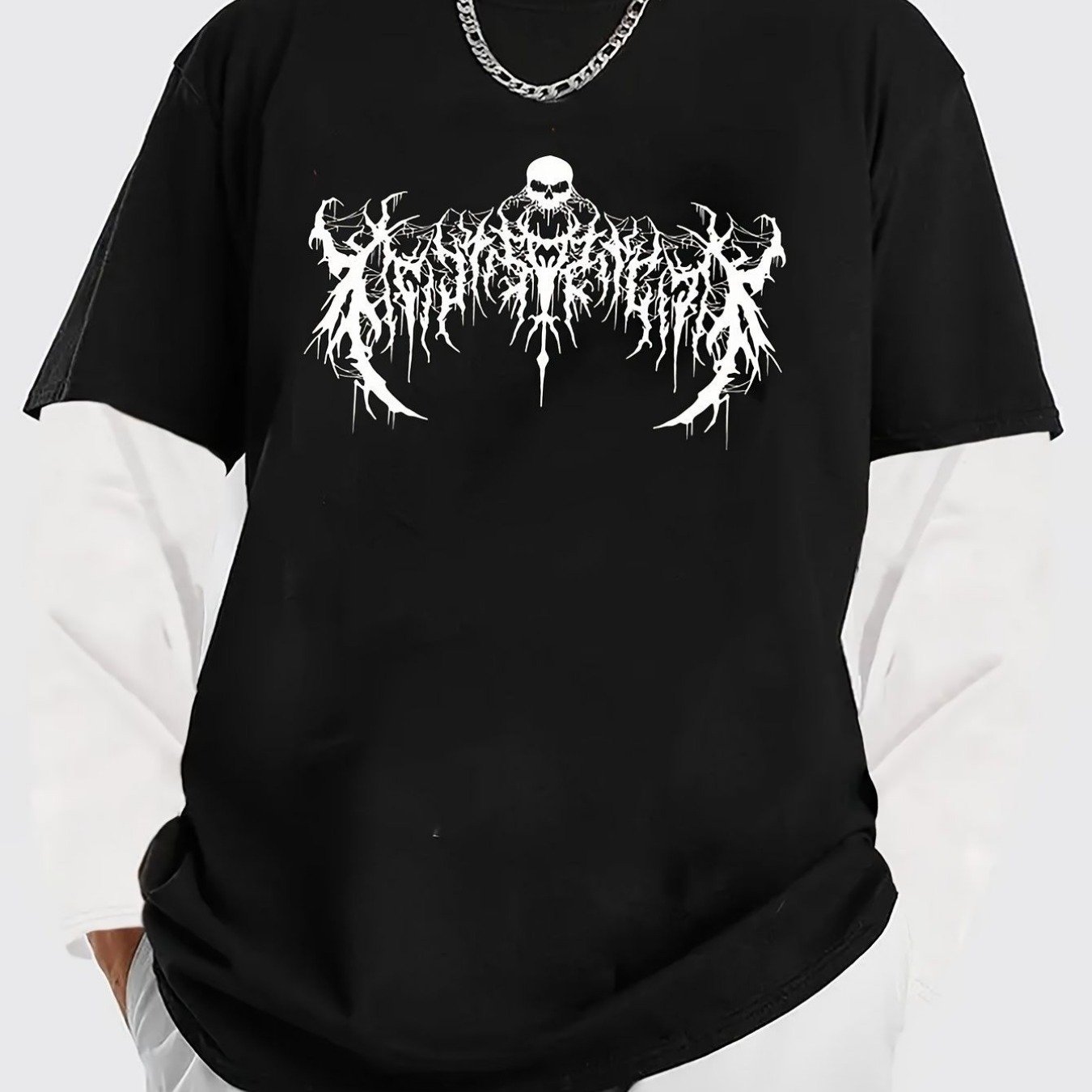 Image of Men' Thorn Bone Print Matching-outfit Combo Long-sleeve Sports Set & Compatible Graphic Tee - 2pcs Design, Thorn Bone, Machine Washable Casual Wear For Outdoor Street Fashion