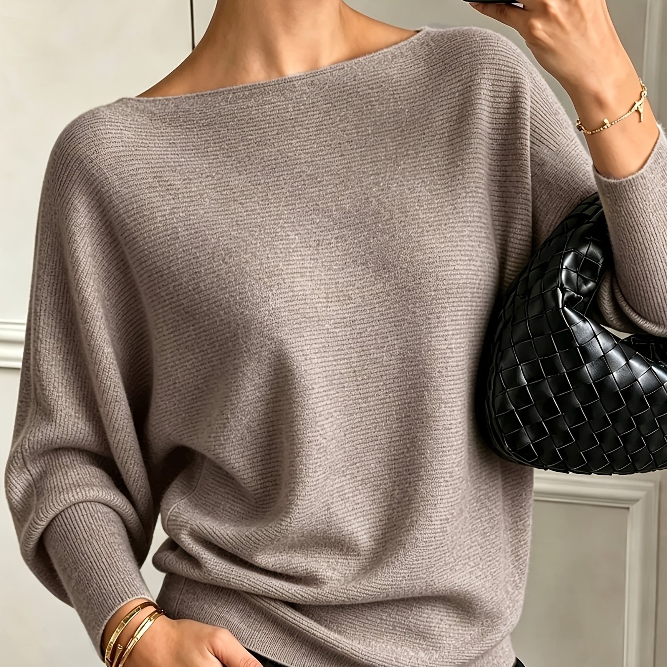TEMU Haut uni à col rond ample, pull à manches longues et épaules dénudées, blouse décontractée pour tous