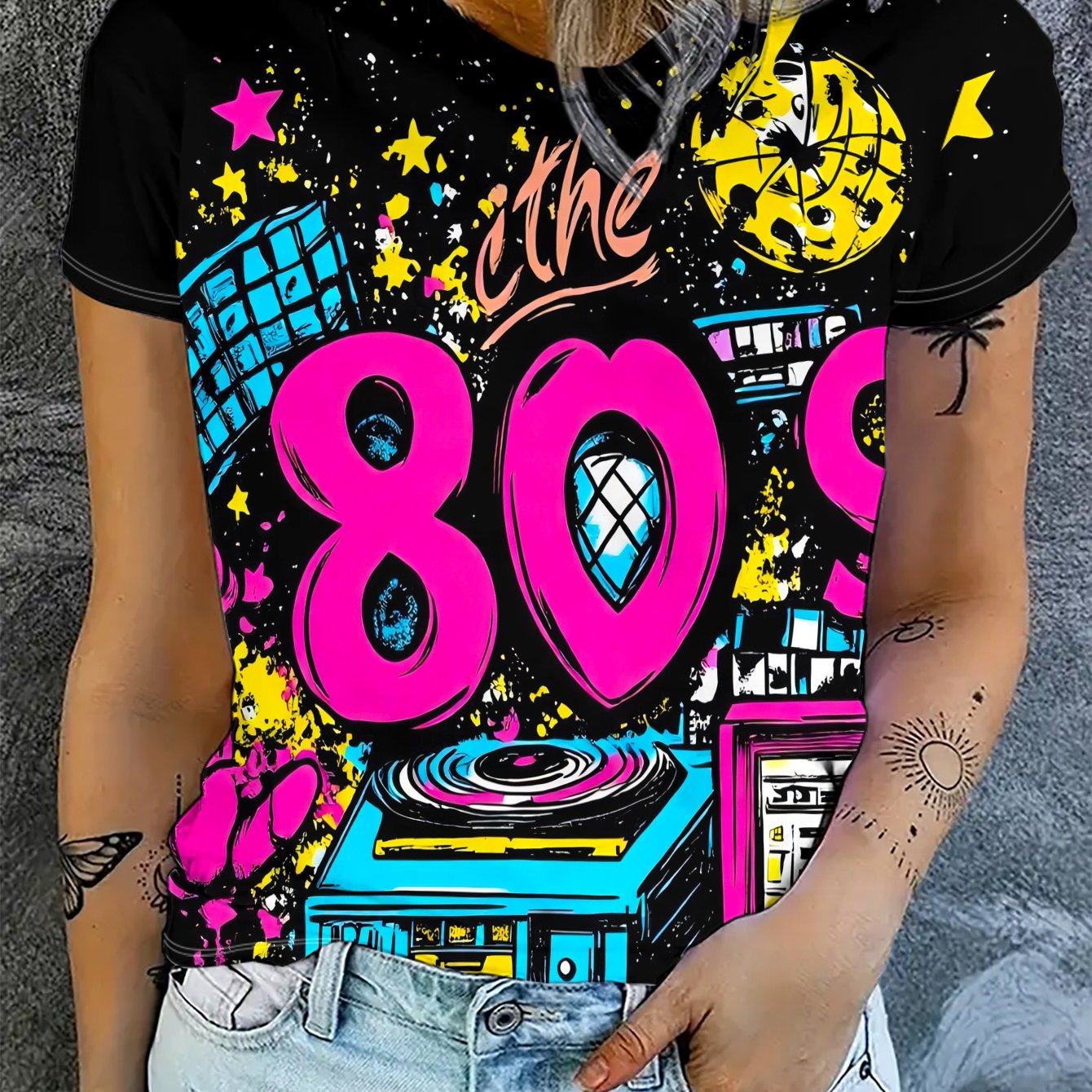 TEMU 2026 New Women's 80s Retro Style Printed Short Sleeve T-shirt Loose Casual All-match Fashion Trendy Summer Round Neck Top