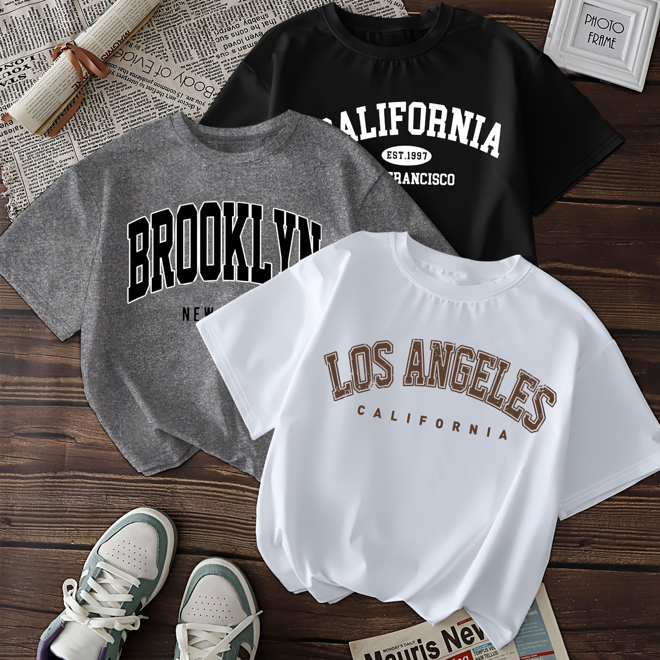 TEMU 3-pack Women's Casual Geometric-patterned T-shirts, Polyester Crew Neck Short Sleeve Tees, Regular Length Knit Fabric, - Brooklyn, Los Angeles, California Print