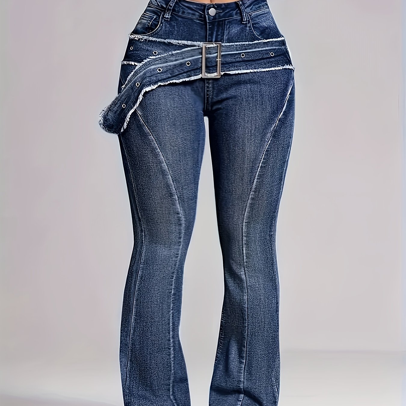 TEMU Ladies' Retro Washed Fringed Fake Waistband Design With Curved Edge And Slightly Flared Jeans