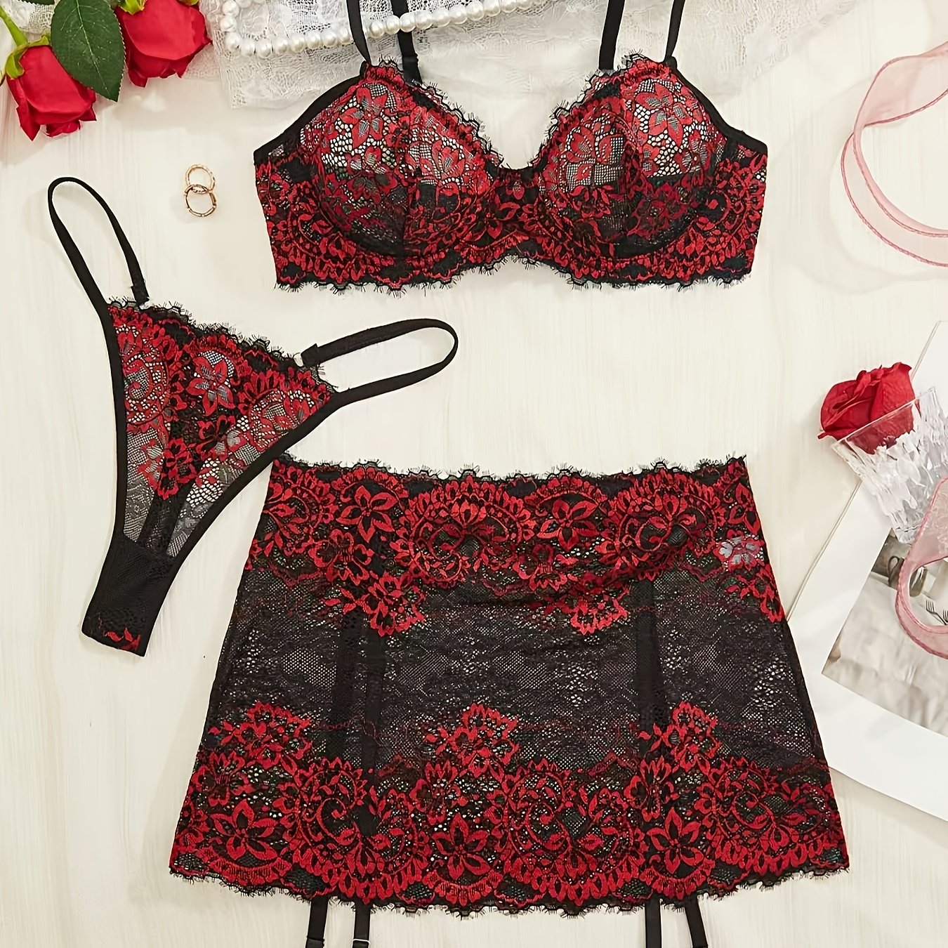 Image of Full Lingerie Matching Bra & Underwear - Lace Trim Semi-sheer Matching Panties, Bra Set For S, Hand Washable Mature Female Underwear Collection