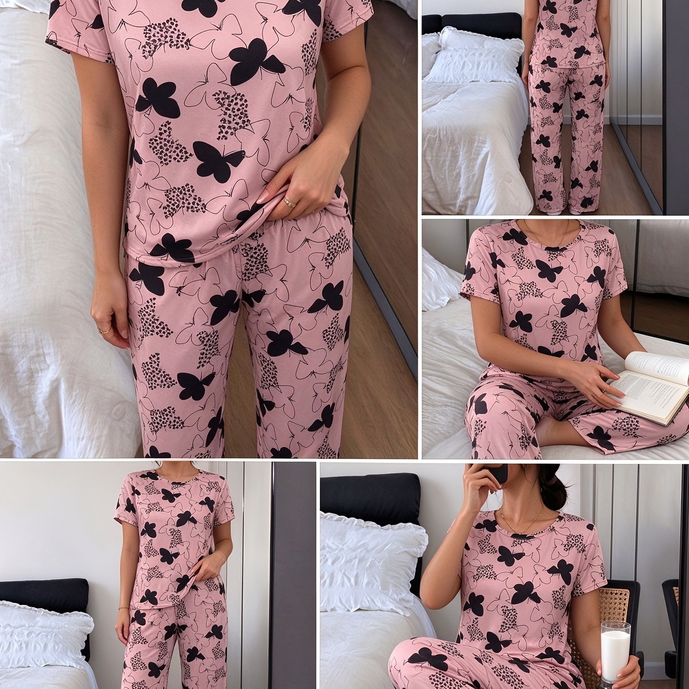 Image of New Arrival For Autumn/winter: Women's Print Short Sleeve And Long Pants Casual Pajama Set