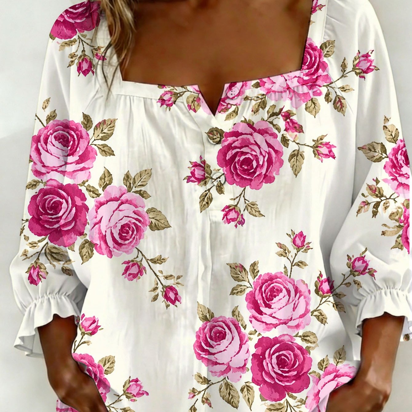 TEMU Elegant Square Neckline V-neck Button- Blouse - Print Vintage Top, 3/4 Sleeves Elasticated Puff Sleeves, Mother's Day Gift For Mom,