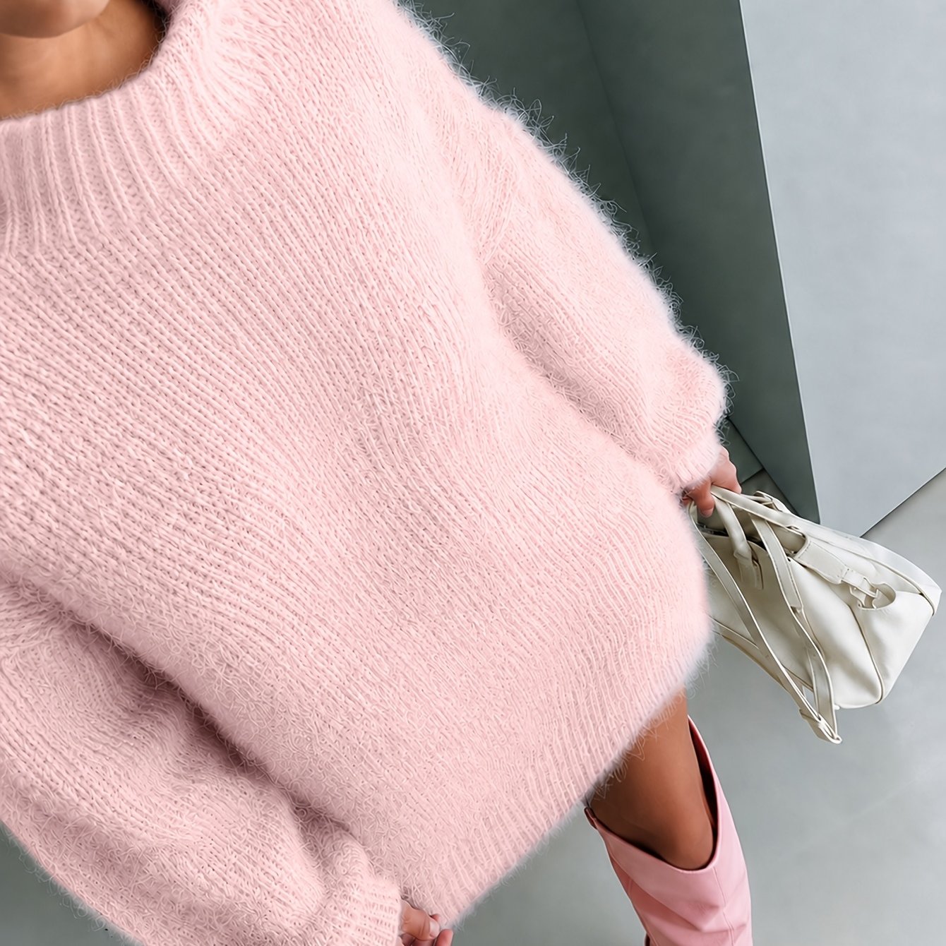 TEMU Women's Plush High Neck Off-shoulder Puff Sleeve Long Sleeve Loose Hem Warm Autumn Winter Sweater Pullover
