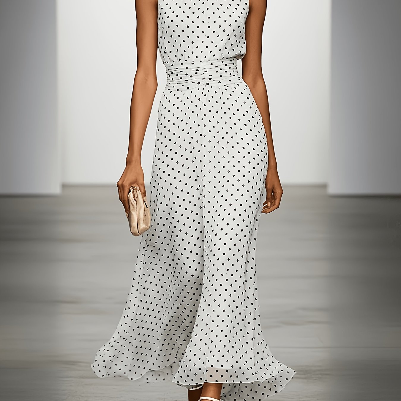 TEMU Elegant New Arrival Women's Polka Dot Print Round Neck Sleeveless Long Formal Dress With Gathered Waist