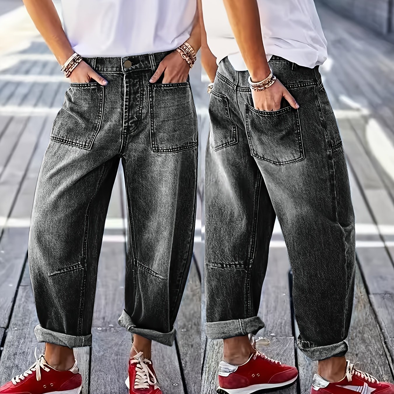 Image of Women's 2026 New Stretchy Loose Wide-leg Cropped Jeans, Washed Black With Pockets Straight-cut Casual Pants, Fun Boyfriend Pants, Perfect For Travel, Fashion Events, And - Rolled Hem Denim Trousers