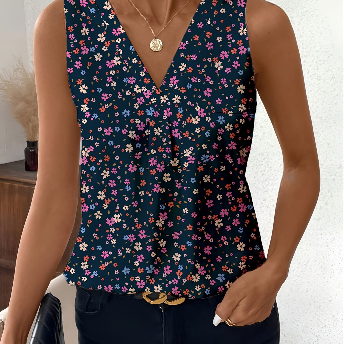 E-shop Damen-Trägertop in Übergröße, bezaubernder, farbenfroher kleiner Blumendruck, elegantes Sommer-Trägertop in Übergröße für Damen, dehnbares Top